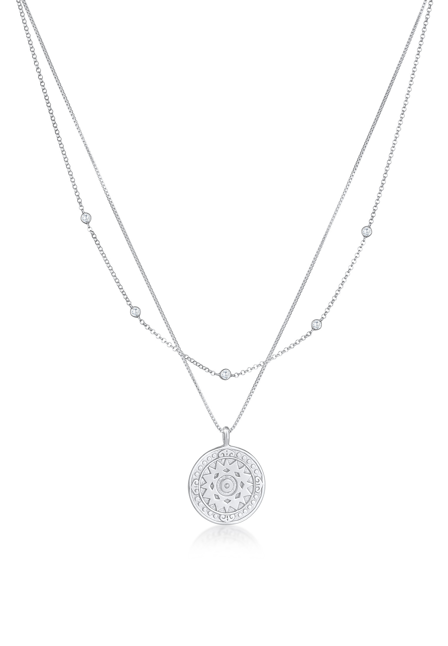 Layer-Halskette Münze | Zirkonia (weiß) | 925er Sterling Silber