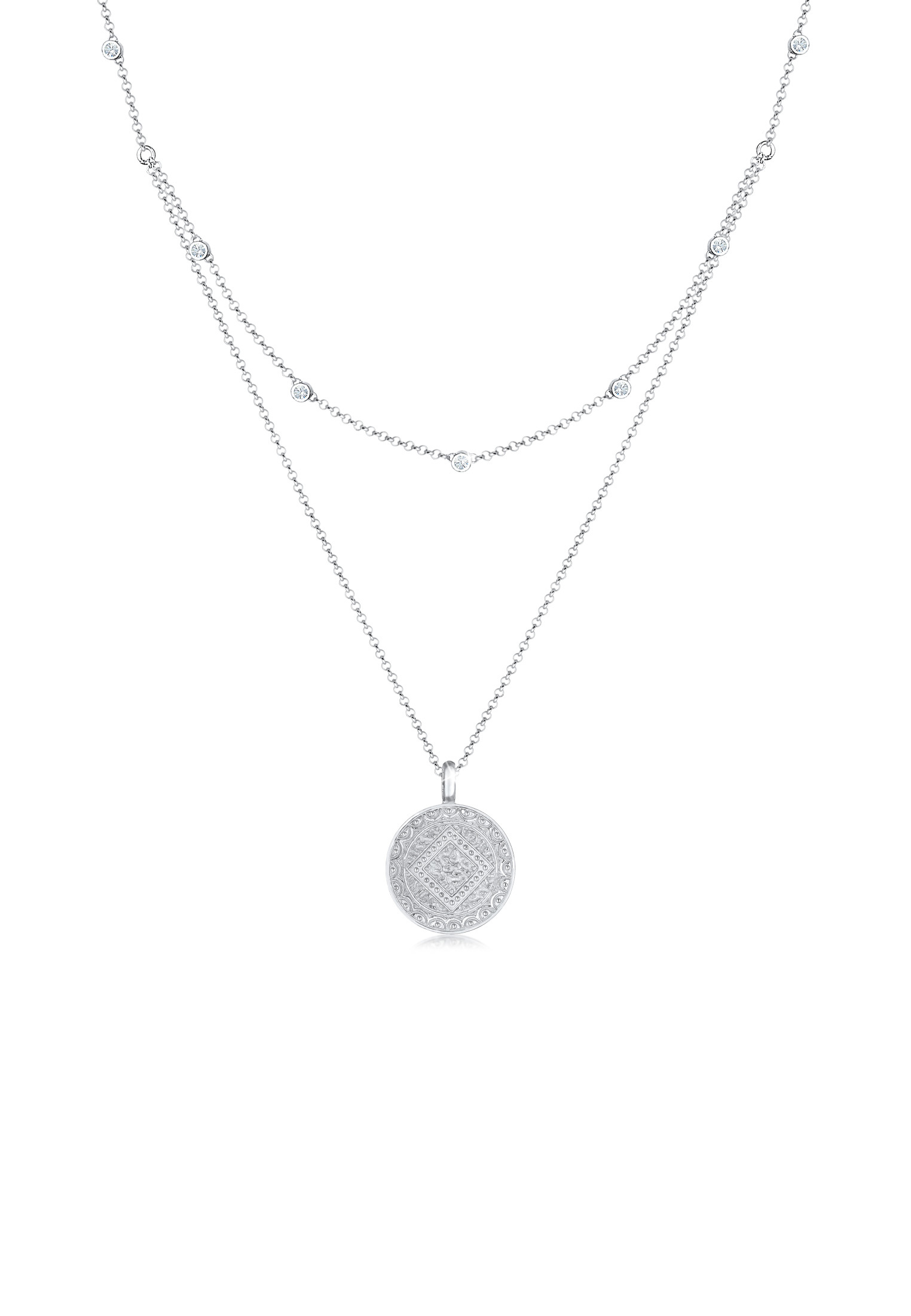 Layer-Halskette Münze | Kristall ( Weiß ) | 925er Sterling Silber