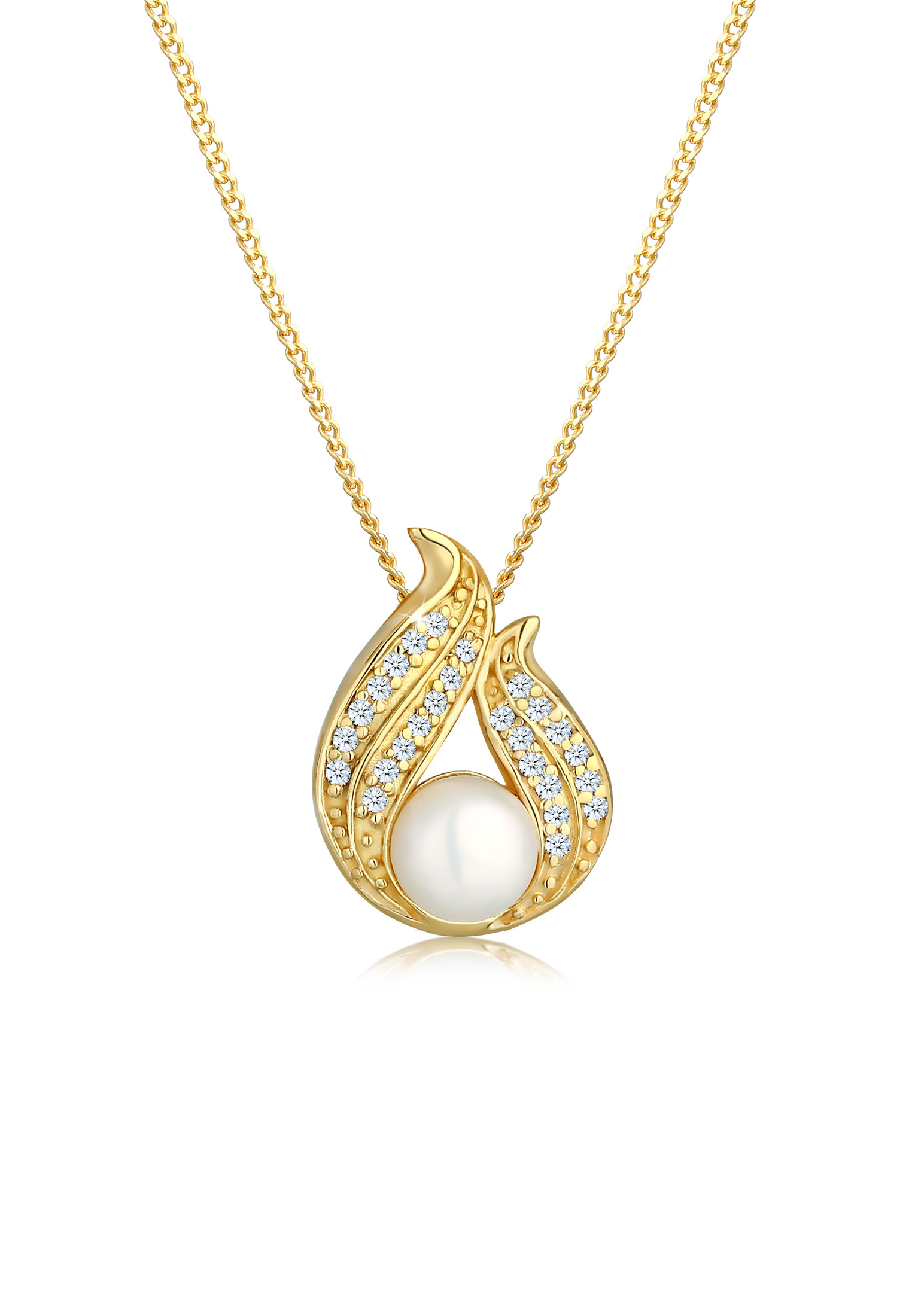 Halskette | Süßwasserperle, Diamant ( Weiß, 0,13 ct ) | 585 Gelbgold