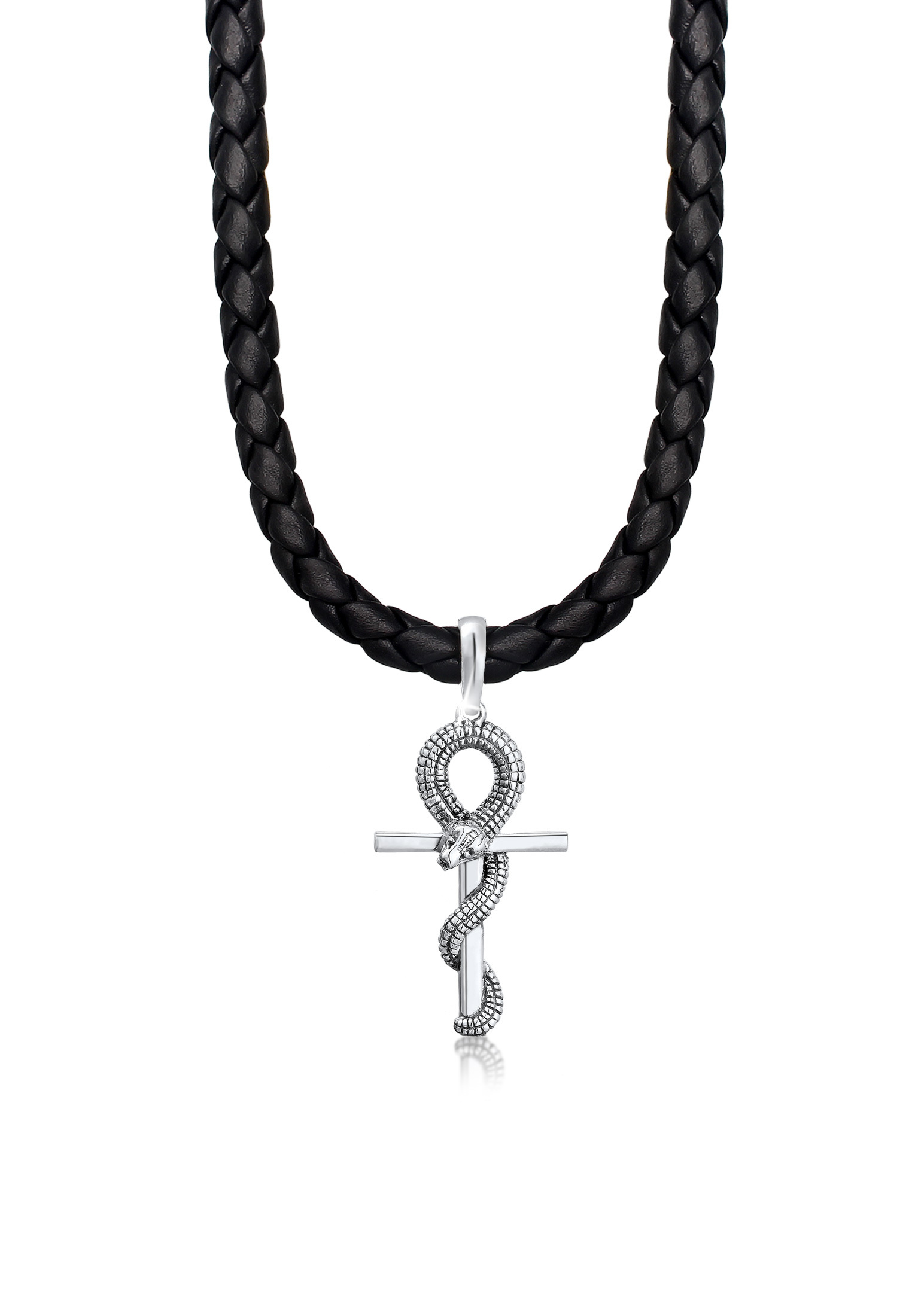 Halskette Kreuz Schlange | Leder | 925er Sterling Silber