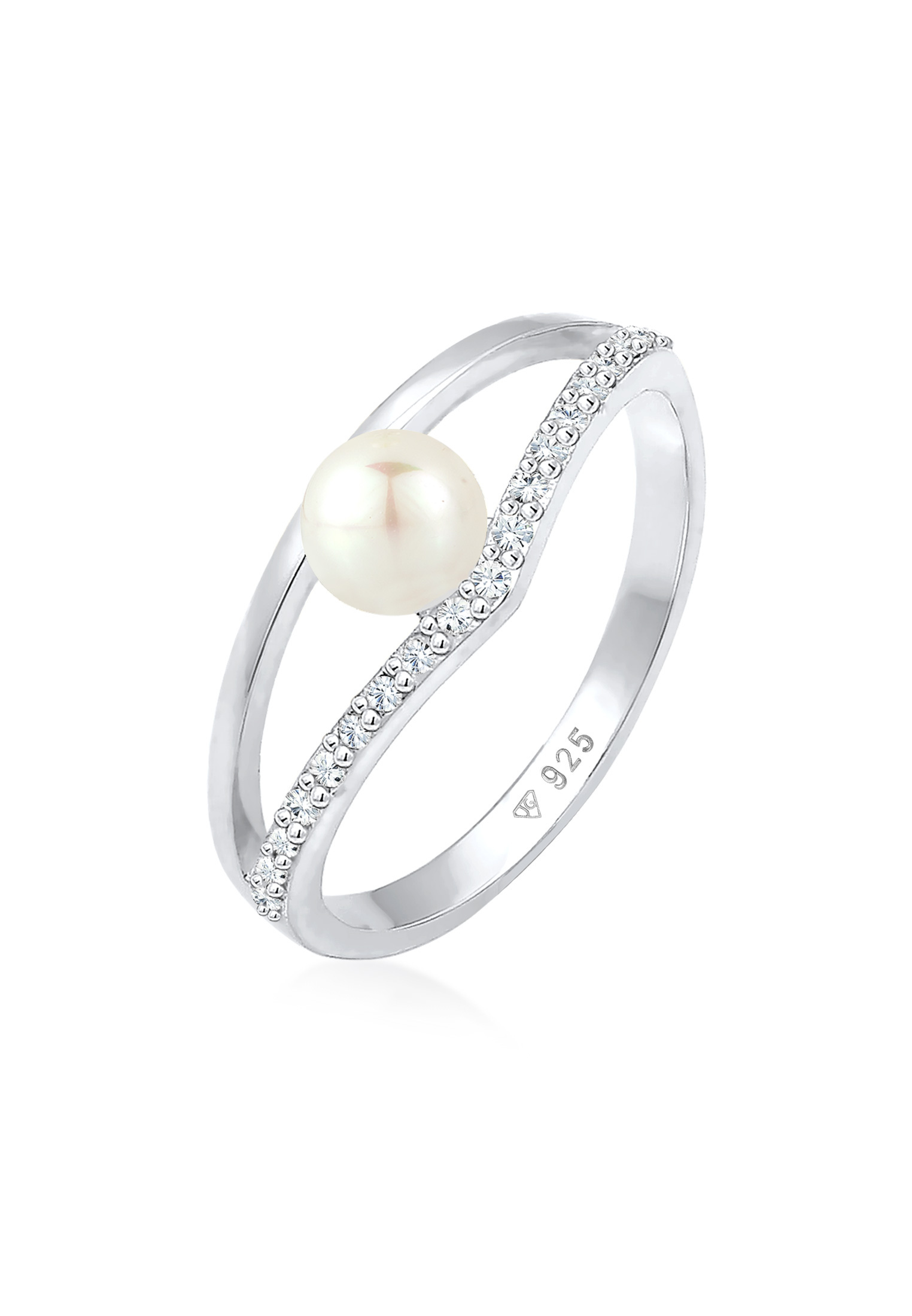 Verlobungsring Geo | Süßwasserperle, Kristall (Weiß) | 925 Sterling Silber vergoldet