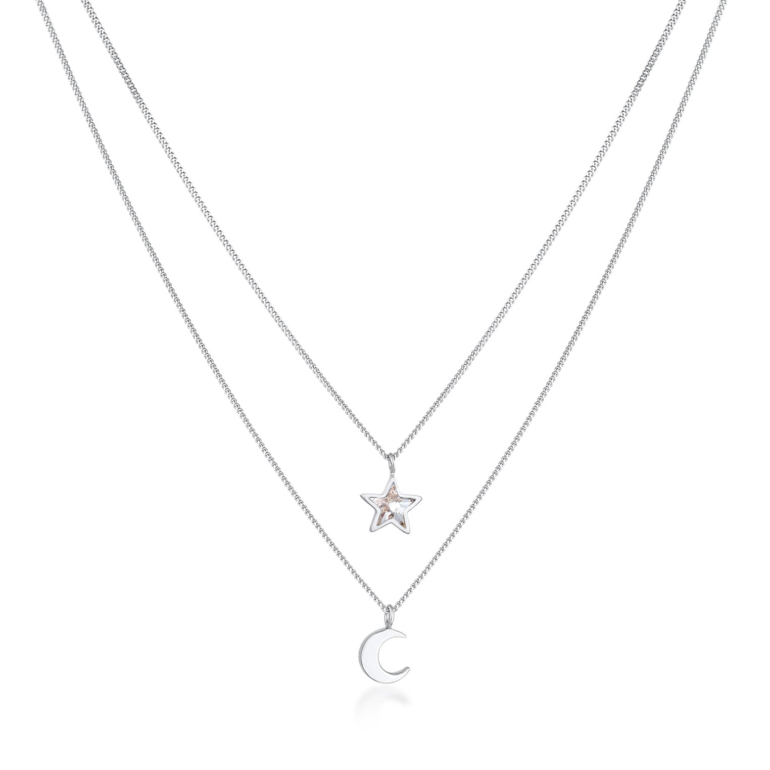 Layer-Halskette Stern Halbmond | Kristall (Weiß) | 925er Sterling Silber