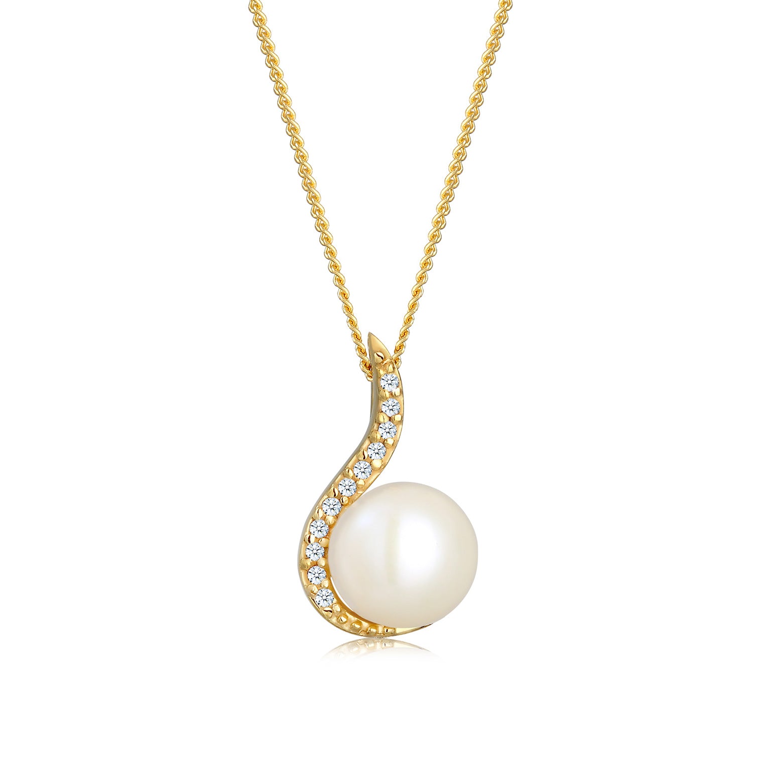 Halskette | Süßwasserperle, Diamant ( Weiß, 0,055 ct ) | 585 Gelbgold