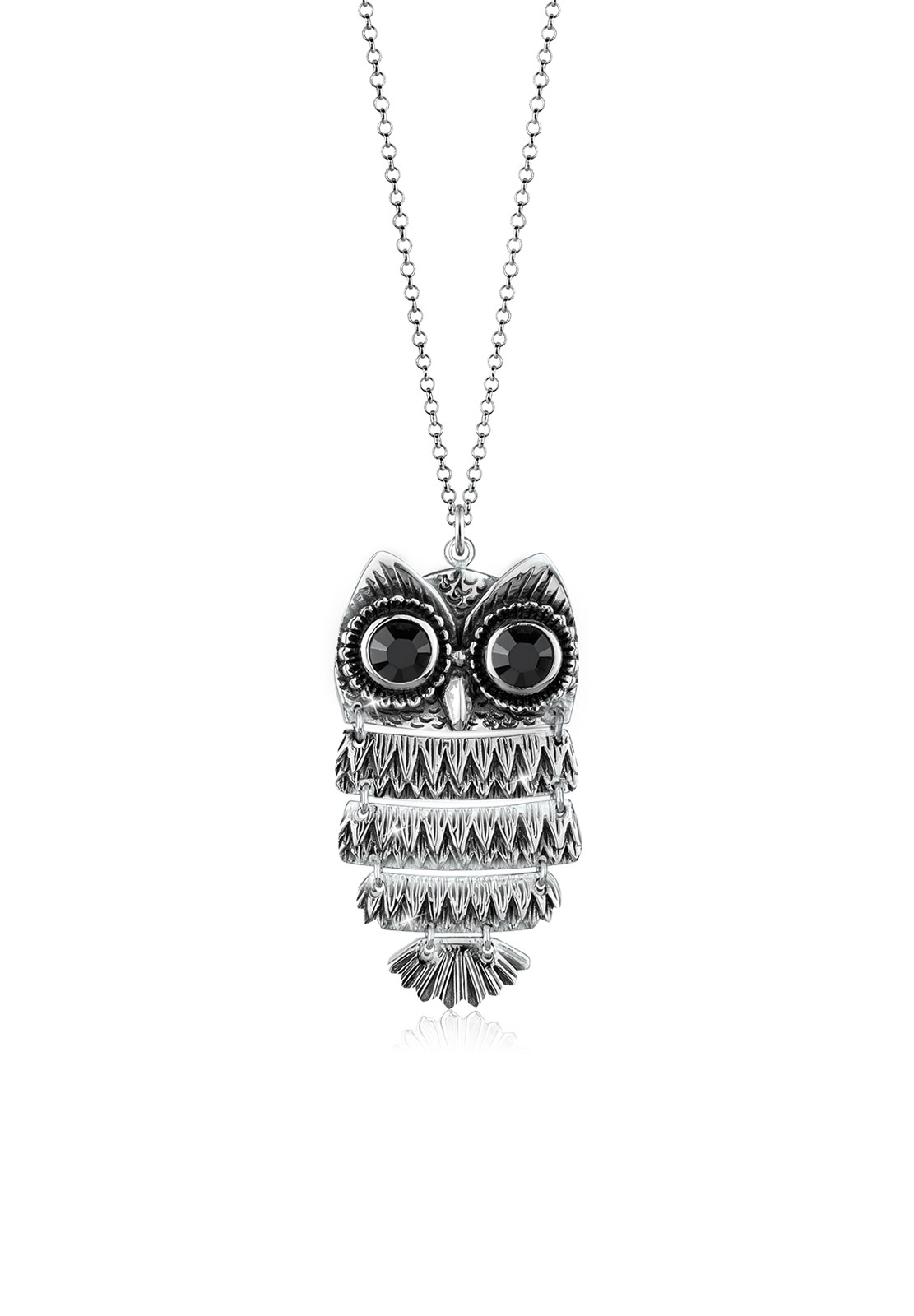 Lange Halskette Eule | Kristall ( Schwarz ) | 925er Sterling Silber