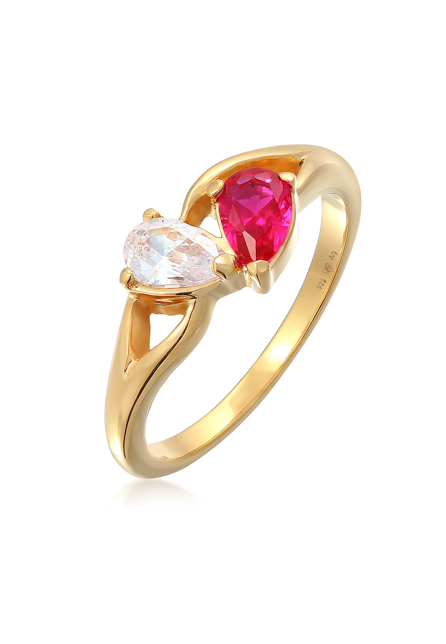 Verlobungsring Tropfen | Zirkonia (weiß) & Rubin, synthetisch (Pink) | 925er Sterling Silber vergold