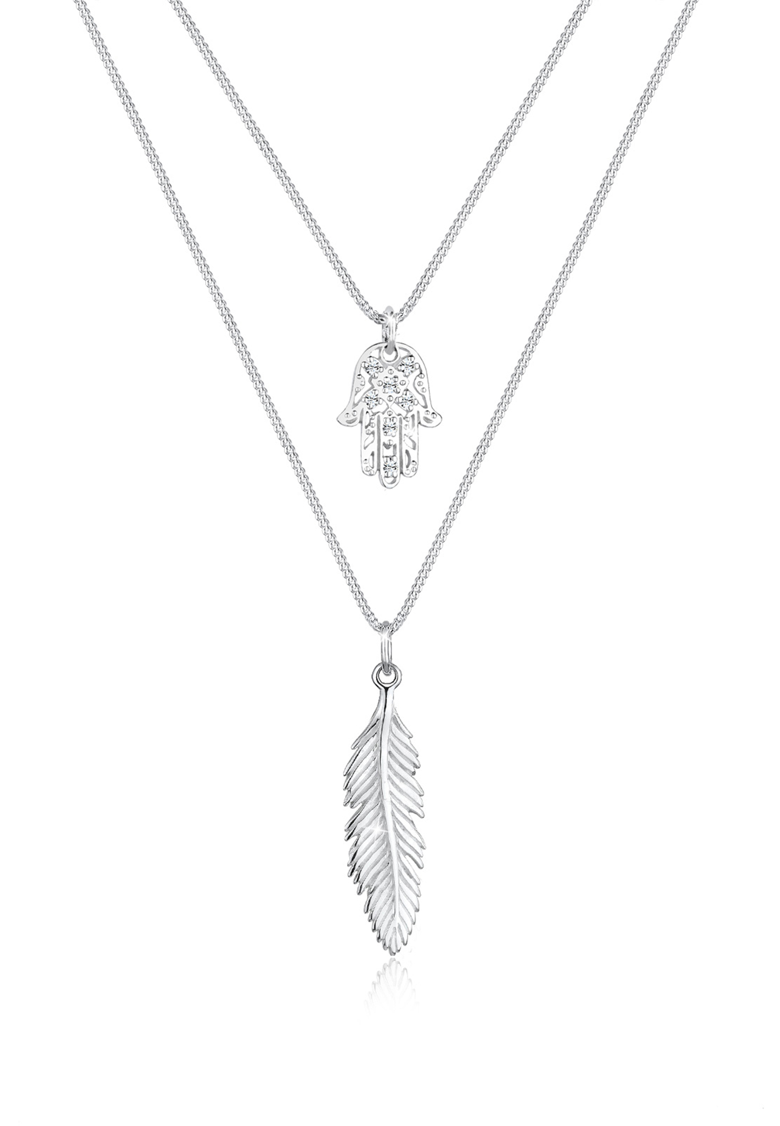 Layer-Halskette Feder | Kristall ( Weiß ) | 925er Sterling Silber