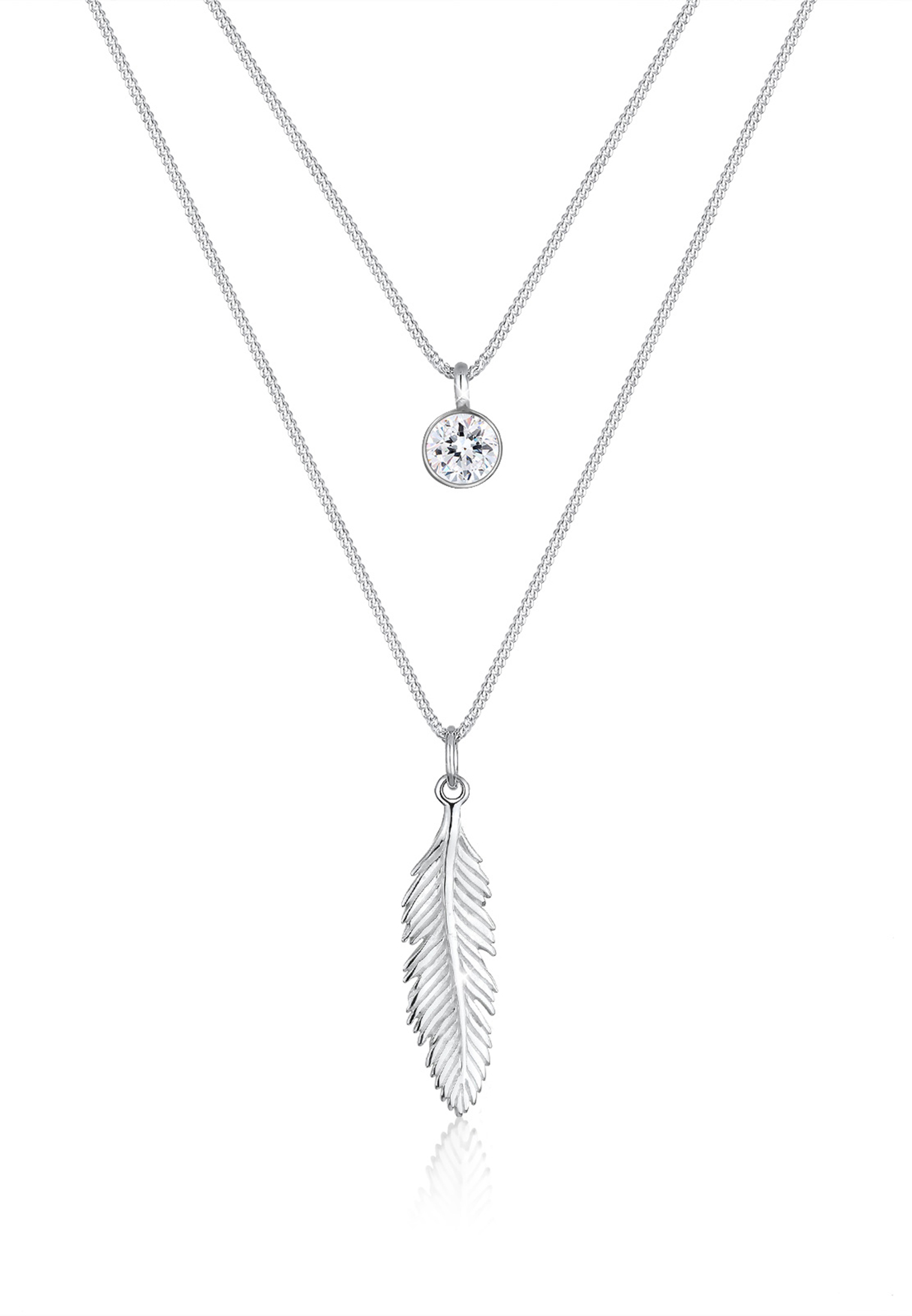 Layer-Halskette Feder & Solitär | Kristall (Weiß) | 925er Sterling Silber