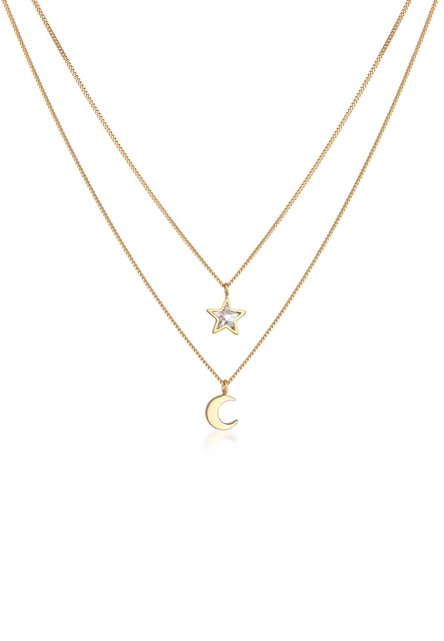 Layer-Halskette Stern Halbmond | Kristall (Weiß) | 925er Sterling Silber