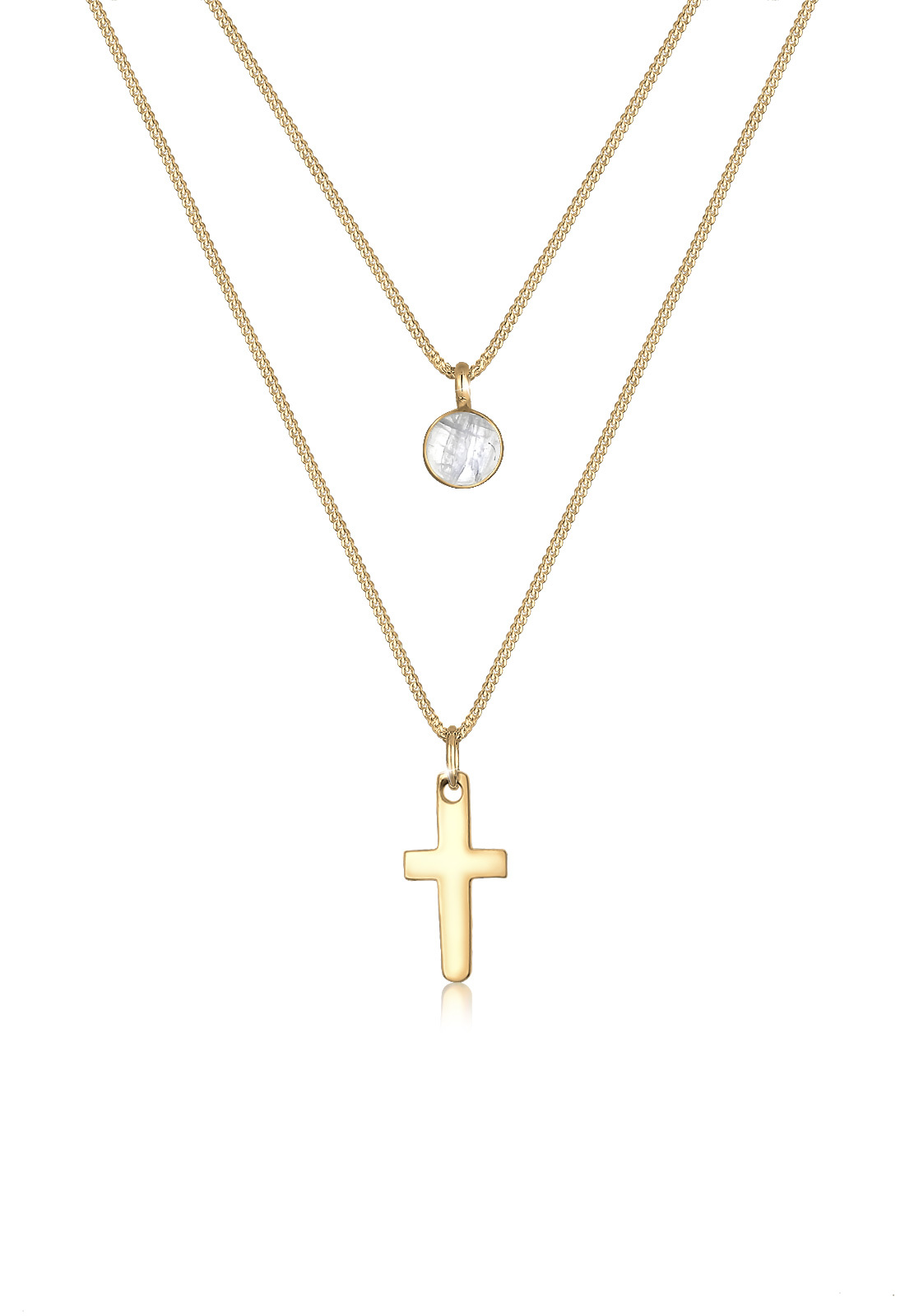 Layer-Halskette Kreuz | Mondstein ( Weiß ) | 925 Sterling Silber vergoldet