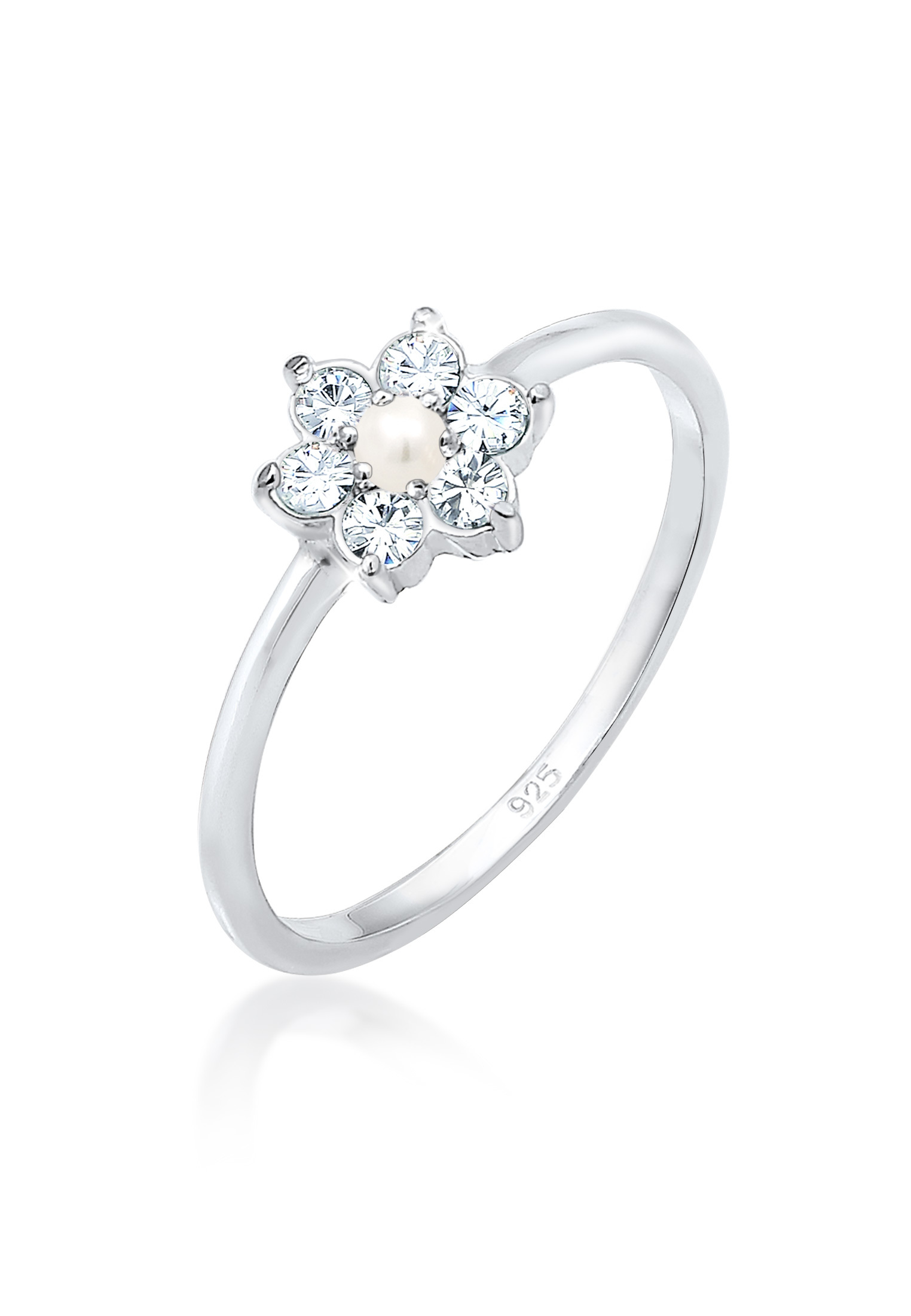 Verlobungsring Blume | Perle, Kristall ( Weiß ) | 925er Sterling Silber