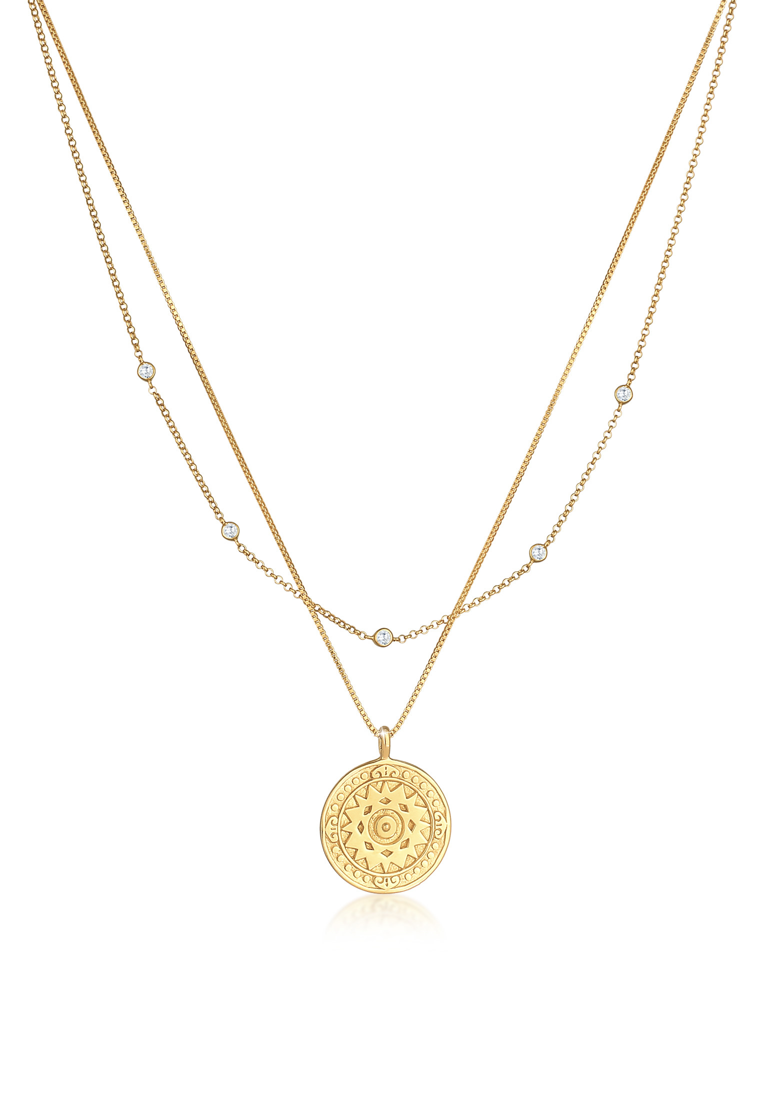 Layer-Halskette Münze | Zirkonia (weiß) | 925er Sterling Silber